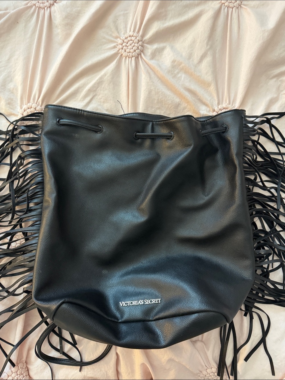 Victoria's Secret Black Fringe Drawstring Tote
